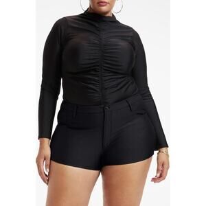 Good American Good Touch Disco Ruched Mock Neck Thong Bodysuit Black Size XXL